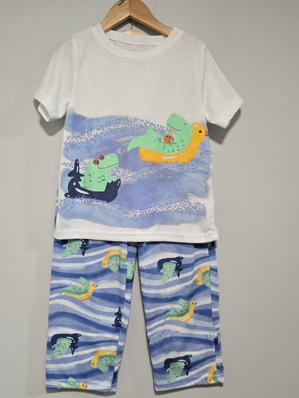 Carter's White Tee & Blue Stripe Dinosaur Float Pajama Set